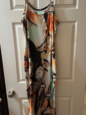 Abstract Marble-Print Maxi Dress in Black & Orange